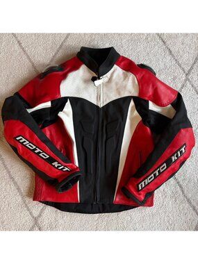 Moto Kit Red Black White Leather Motorcycle Racing Jacket Armored Biker